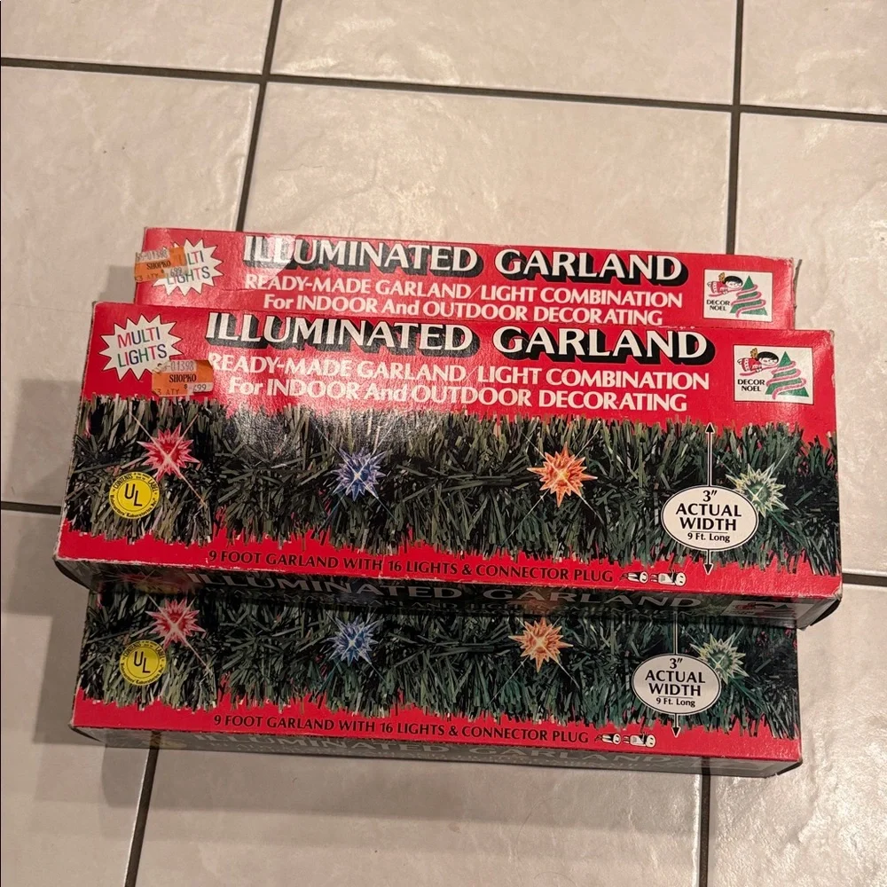 3 VTG Decor Noel Lighted 9 Foot 16 Light Illuminated Garland Set W Box Rare